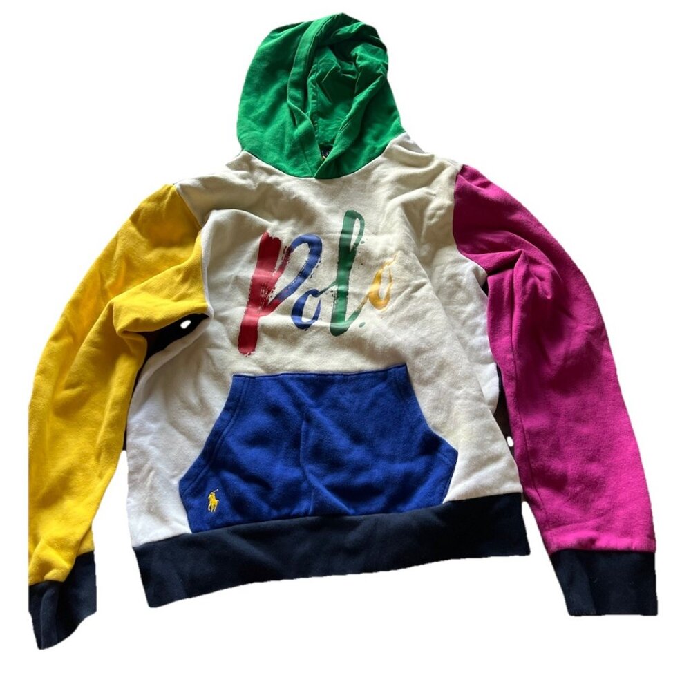 Polo Ralph Lauren White Multi Logo Graphic Pullover Hoodie Boys Sz XL 18-20
